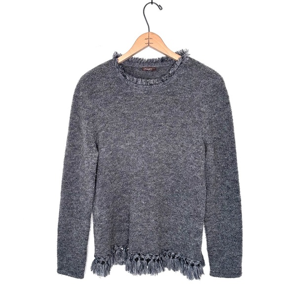 J. McLaughlin Gray Silver Metallic Shimmer Tassel Fringe Hem Sweater Size Medium - Picture 1 of 6